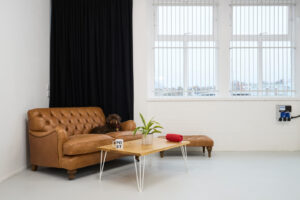 Post Brighton photography studio to Rent. Hair Make-up and styling room with relaxed dog sitting comfortably on a sofa with Post mug, plant, and red wireless bluetooth stereo.